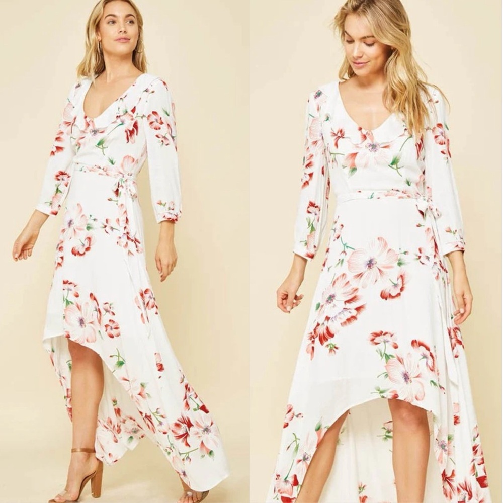 Promesa Cottagecore White Floral High Low Belted Ruffled Trim Maxi Dress Medium